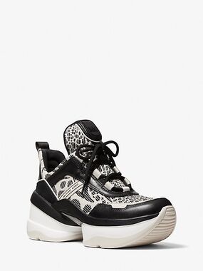 Michael Kors Olympia Leather & Animal Print Jacquard Trainers size 9.5